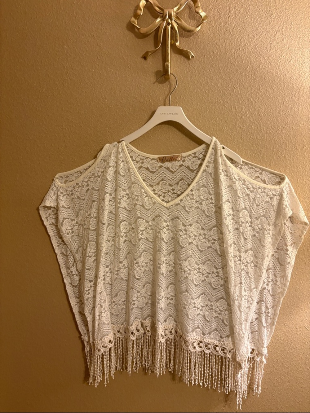 Boho Ivory Lace Fringe Cold-Shoulder Poncho